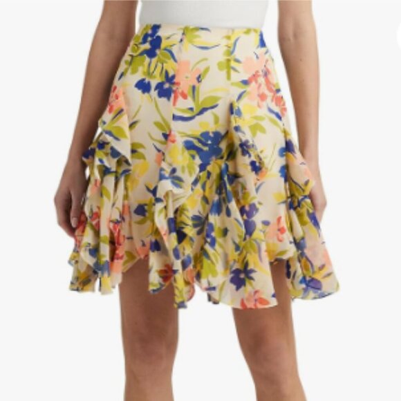 NEW Lauren Ralph Lauren Womens 14 Ruffled Floral Miniskirt Cream Multicolor - Picture 1 of 9